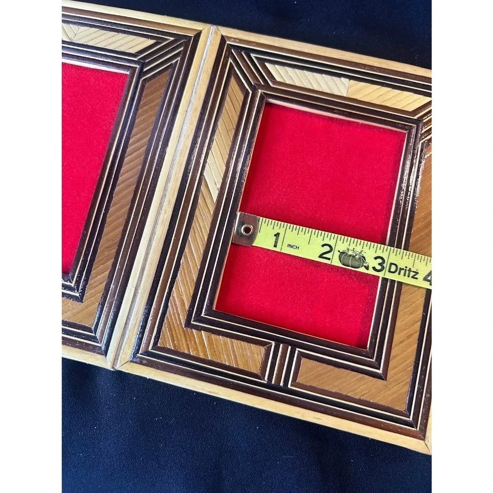 Vintage Marquetry Wood Folding Double Picture Frame Straw Art Geometric Brown